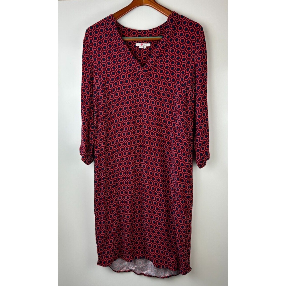 Boden V-Neck Geo Print 3/4 Sleeve Shift Dress Red & Navy Size 10 *Missing Belt* - Picture 4 of 16